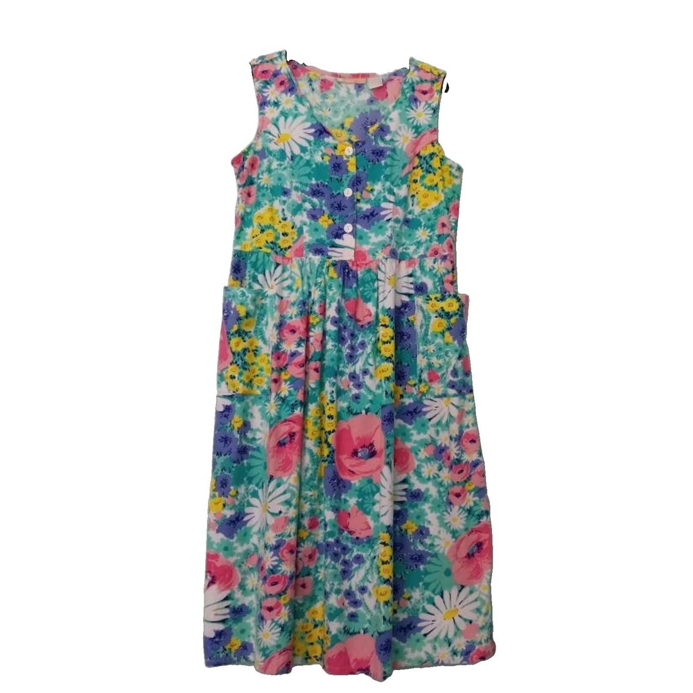 La Cera House Dress Size PM Multi Color Floral Sleeveless Smocked Pockets Vtg